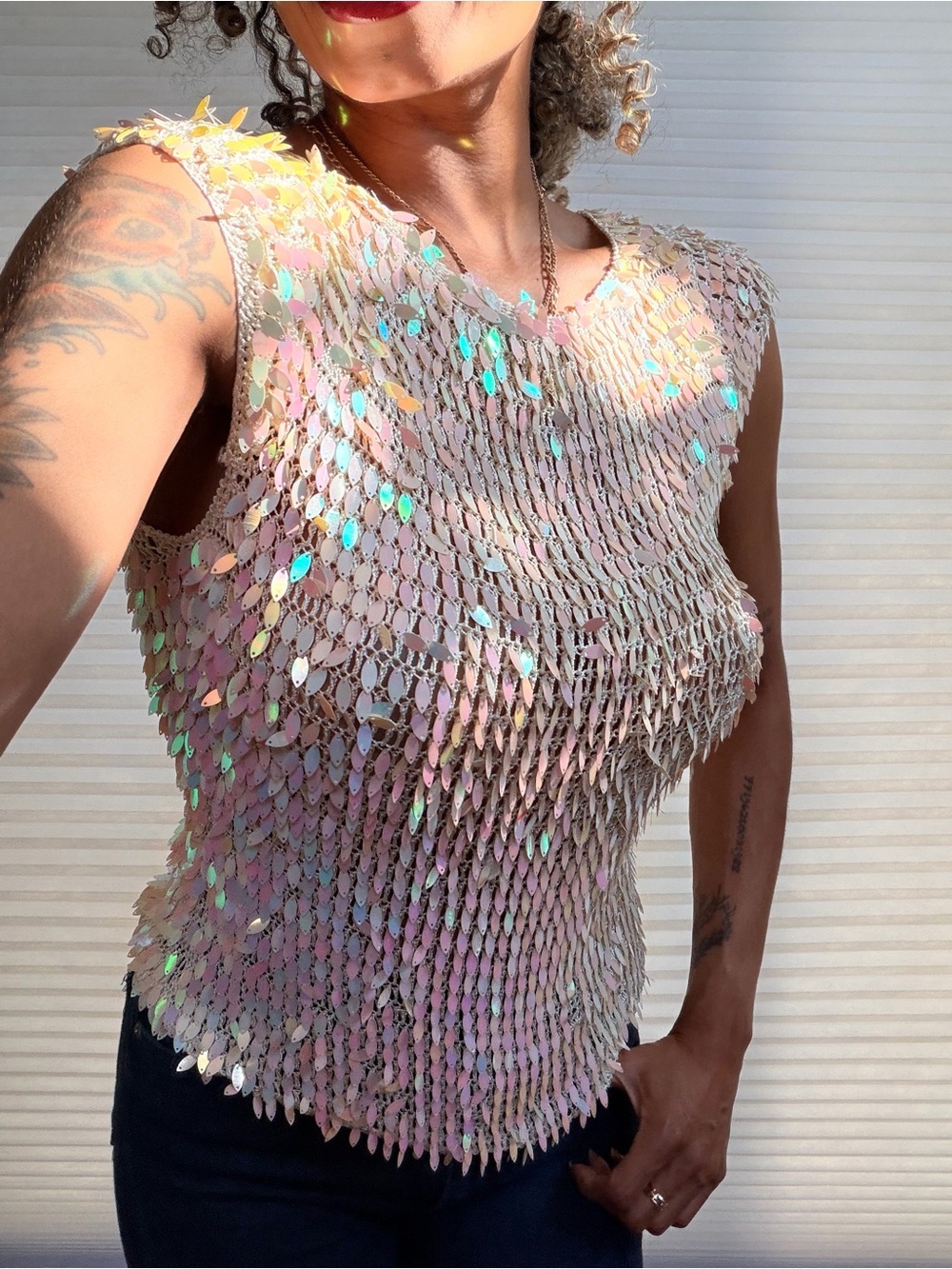 Vintage Y2K Iridescent Paillette Mesh Festival Blouse